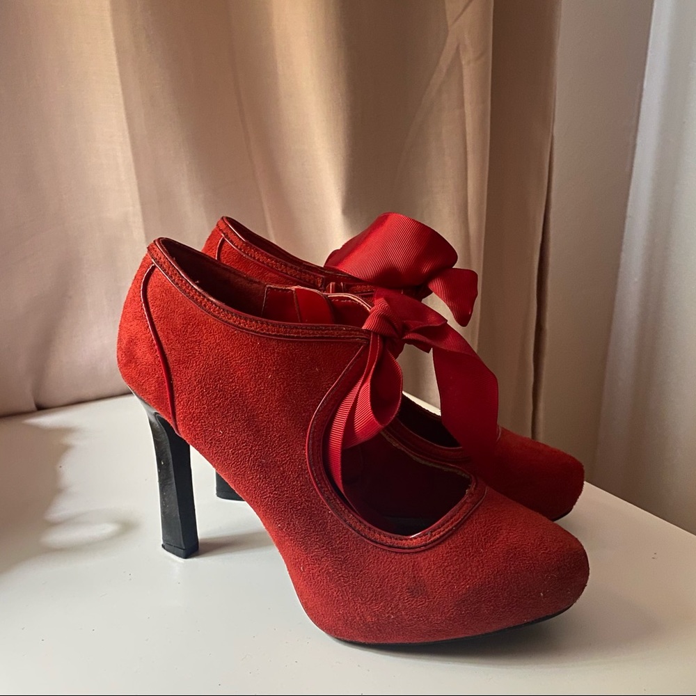 red and black suede bow tie heels